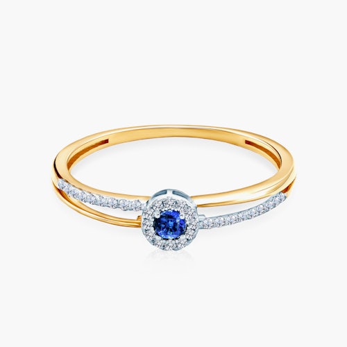 Pierścionek zaręczynowy SAVICKI: dwukolorowe złoto, niebieski szafir